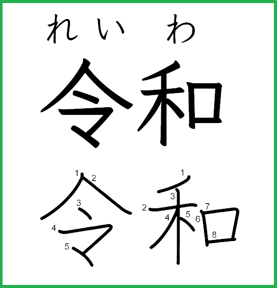 令和 れいわ écrit en japonais avec une police Kyoukashotai et la police KanjiStrokeOrders